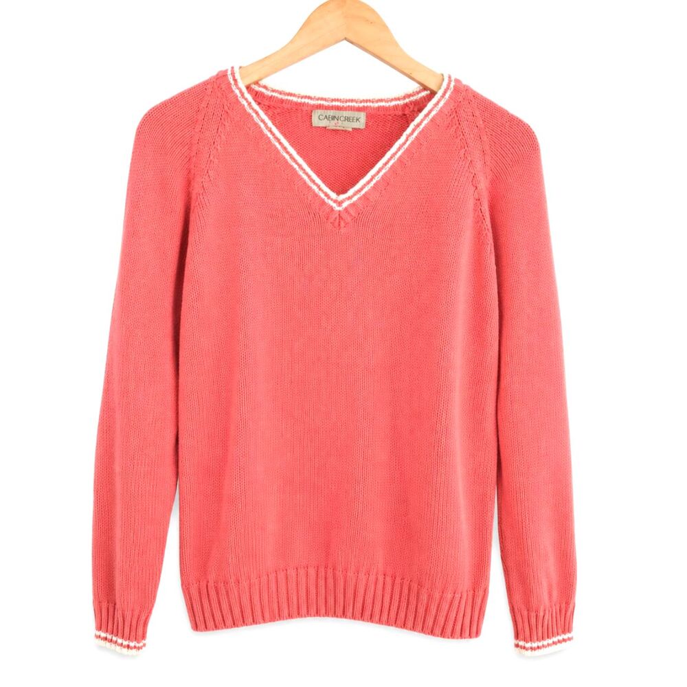 Vintage 90s Cabin Creek 100% Cotton Coral Pink V-Neck Knit Sweater Large
